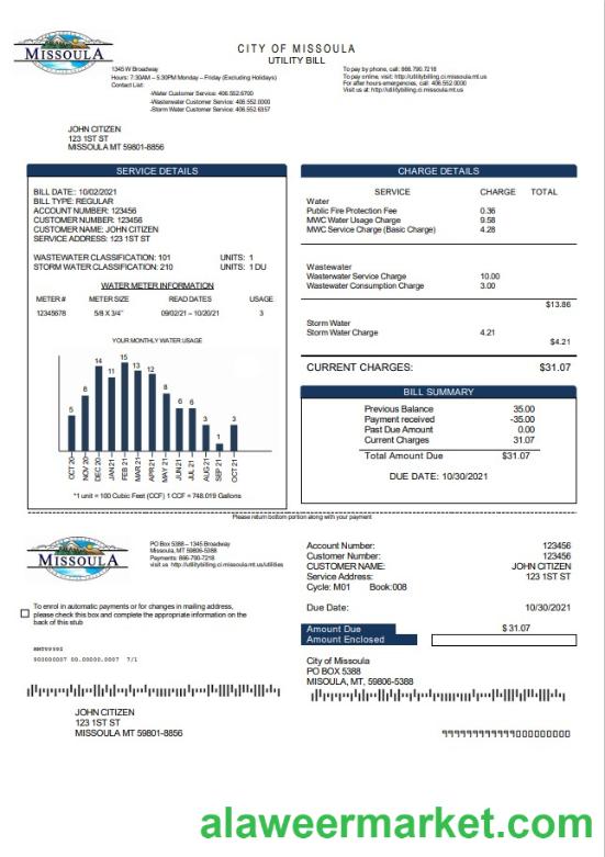 USA City of Missoula utility bill template in Word and PDF format
